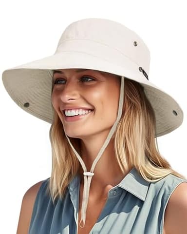 FURTALK Sun Hats for Women Ponytail UPF 80+ Beach Summer Hat Wide Brim Packable Cowboy Hat Beige