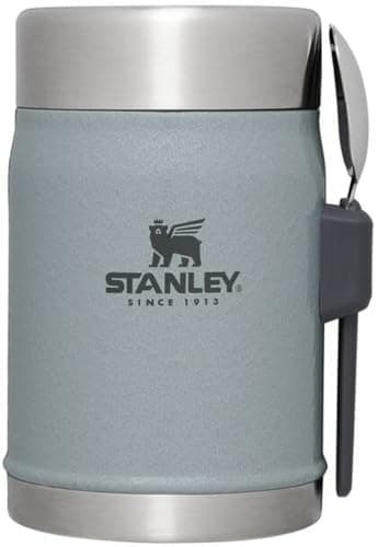 STANLEY Classic Food Jar and Spork 14 oz | Vacuum Insulated Food Container | Wide Mouth Screw On Lid | Packable for Travel | Stainless Steel with Leakproof Lid | BPA-Free | Hammertone Silver