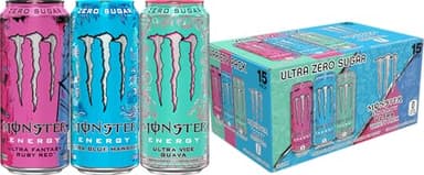 Monster Energy Ultra Variety Pack, Blue Hawaiian, Ultra Vice Guava, Ultra Fantasy Ruby Red, Sugar Free Energy Drink, 16 Ounce (Pack of 15)