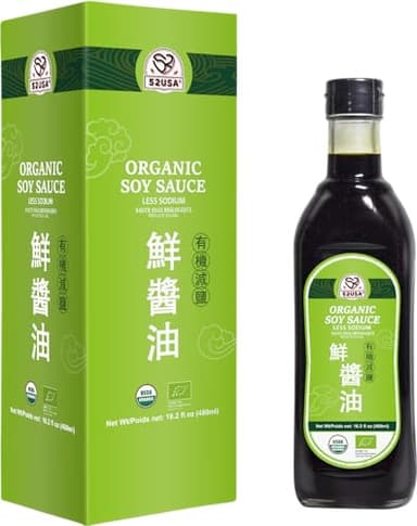 52USA Organic Soy Sauce Low Sodium, 16.2oz(480ml), USDA Organic, Naturally Brewed Dark Soy Sauce, Pure Ingredients, Marinade for Marinating Fish, Meat & Roasted Vegetables