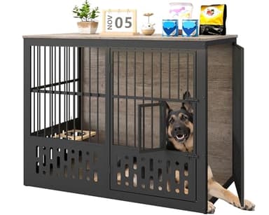 Yafylly 48 Inch XL Dog Crate Furniture, Wooden Chewproof Dog Kennel with Interactive Window, 360° Adjustable Bowls (5 Heights), Storage Table Top, Heavy Duty XXL Dog Crate for Medium Large Dogs, Gray
