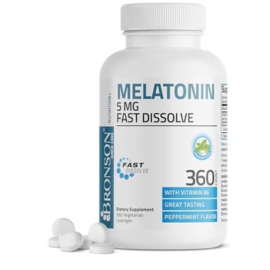 Bronson Melatonin 5mg Fast Dissolve Peppermint Tablets with Vitamin B6 - Promotes Relaxation, 360 Vegetarian Chewable Lozenges