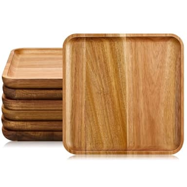 Didaey 6 Pcs Acacia Wood Square Plates 10" Wooden Plates Serving Trays for Meal Dishes Snack Dessert, Easy Cleaning and Lightweight, Not Dishwasher