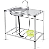 Tandefio Freestanding Outdoor Kitchen Utility Sink Set Stainless Steel Single Bowl Sink Commercial Restaurant Utility Portable Sink for Restaurant Cafe Bar Hotel Garage Laundry Room(Classic)