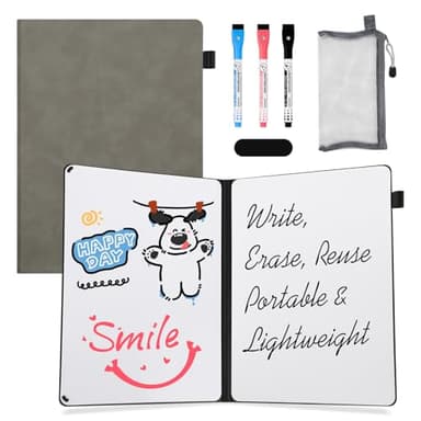 AGM Portable White Board Dry Erase Notebook, 12" x 9" Double Sided Folding Whiteboards with 3 Pens, Small Travel Dry Erase Board Skin-Friendly Material for Study, Meeting, Planning, Grey