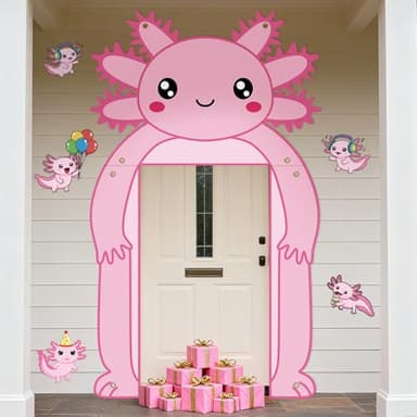 Axolotl Winter Birthday Party Decorations Pink Axolotl Door Cover Arch Decor Front Door Porch Banner Backdrop Wall Decor for Indoor Outdoor Yard Garage Cartoon Archway Baby Shower Party Supplies