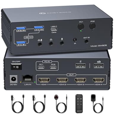 ATLAHET Thunderbolt KVM Switch Docking Station for Macbooks 4 Monitors 2 Computers HDMI 4K60Hz Displaylink USB C Dock for Laptops/Desktop Share 4xHDMI USBA/C Ethernet Audio Support Extended/Copy Mode