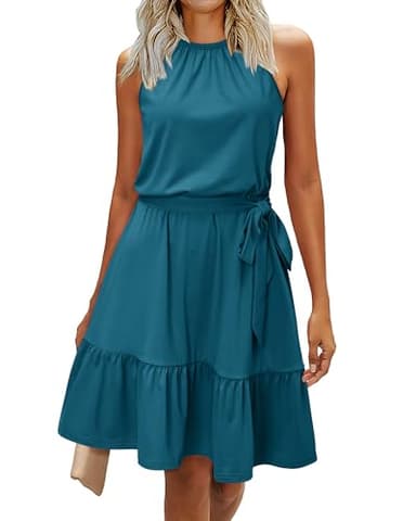 Newshows Women's 2026 Summer Dress Halter Casual Beach Vacation Outfits Hawaiian Dresses Ruffle Belted Sundress with Pockets(Teal Blue, S)