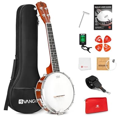 Vangoa Banjolele 23 Inch with Premium REMO Head, Travel Mini Banjo Uke 4 String Banjo Ukulele Beginner Kit with Armrest, Concert Mohagony for Teens Beginners
