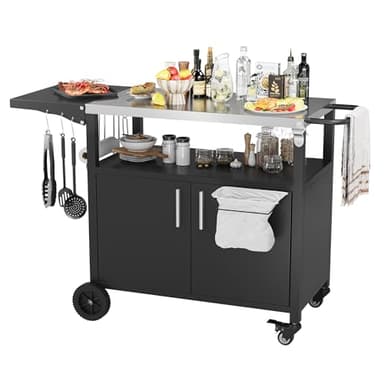 Vongrasig Grill Cart with Storage, Outdoor Bar Cart Rolling BBQ Movable Pizza Oven Table Stand with Foldable Stainless Steel Top & Storage Cabinet, Black