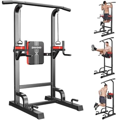 Power Tower Dip Station Pull Up Bar for Fitness Home Gym Workout,Multi-Function Adjustable Height Fitness Strength Training Exercise Equipment,with Power Elastic Ropes,Black S01