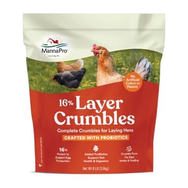 Manna Pro Chicken Feed, 16% Protein Layer Crumbles with Probiotics for Digestive Health, Complete Feed for Laying Hens to Support Egg Production, Nutrient-Rich Chicken Food, Made in USA, 8 lb Bag