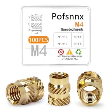 100Pcs Pofsnnx M4 Threaded Inserts, Brass Heat Set Insert for Plastic and 3D Printing Components, Metric Knurled Nut Classification Combination Kit(M4xL4xD6, M4xL8xD6)