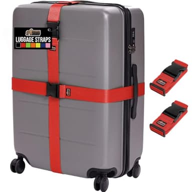 GORILLA GRIP Heavy Duty Adjustable Luggage Straps for Suitcases, Easy to Identify Travel Belt Connector Holds Suitcase Together, Extends Life of Bag, Strap Connects Two Bags, Accessories 2 Pack Red