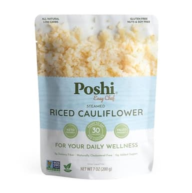 POSHI Riced Cauliflower | All Natural, Fully Cooked, Ready to Eat, Non-GMO, Low Calorie + Carb, Gluten Free, Vegetable Rice, Meals, On The Go, Plant-Based, Healthy, Veggies (7oz, 6 Pack)