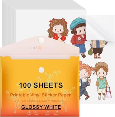 HTVRONT Printable Vinyl Sticker Paper, 100 Sheets Glossy Waterproof Sticker Paper For Inkjet Printer Dries Quickly-Standard Letter Size 8.5"X11"