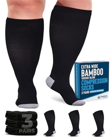 Doctor's Select 3 Pairs Plus Size Compression Socks Wide Calf | Bamboo Viscose Knee High Extra Wide Calf Compression Socks Women & Men | Black