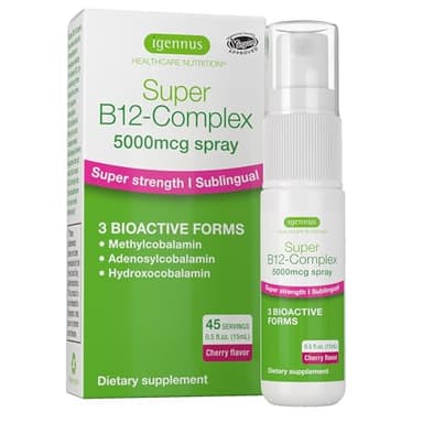 Igennus Triple Vitamin B12 Complex 5000mcg, Liquid Sublingual Spray, 45 Servings, Methylated Methylcobalamin, Adenosylcobalamin & Hydroxocobalamin, High Strength & Clean, Natural Cherry Flavor, Vegan