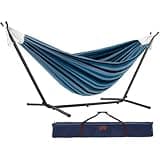 Vivere Double Cotton Hammock with Space Saving Steel Stand, Upgraded Polyester End Strings 450 lb Capacity - Premium Carry Bag Included - USA Grown Cotton (Blue Lagoon)