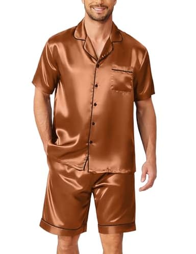 Ekouaer Men Pajama Set Short Sleeve Big and Tall Pjs Comfy Silk Sleepwear Satin Lounge Set with Pockets,Brown,XL