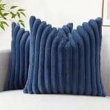 decorUhome Faux Fur Throw Pillow Covers 18x18 Set of 2, Decorative Soft Plush Striped Couch Pillow Covers with Velvet Back for Sofa, Bed, Living Room, Blue