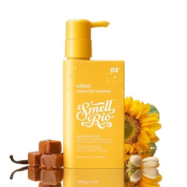 Sttes Smell Rio Shower Oil 02# (Irresistible Sunshine) 5.47 oz – Moisturizing Body Wash with Pistachio, Almond, Vanilla & Salted Caramel, Natural Plant Oils, No Mineral Oil, Parabens or Phthalates