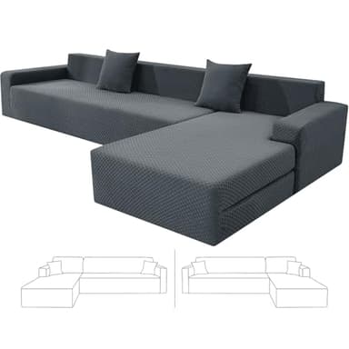 ZNSAYOTX Sectional Couch Covers, Stretch Jacquard Slipcovers with Elastic Bottom for L-Shape Sectional Sofa, 2 Pcs Pet Friendly Modular Sofa Protector (3 Seat Couch + 3 Seat Chaise, Dark Grey)
