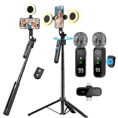 Content Creator Starter Kit,Vlogging Kit for iPhone/Android,70”Auto Face Tracking Tripod 360 Rotation with Light, Wireless Microphones,Selfie Stick Tripod for TikTok & YouTube Starter Kit