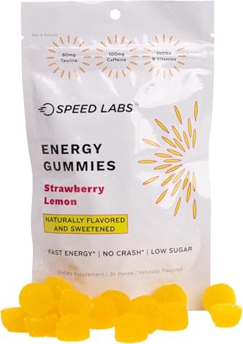 Speed Labs Caffeine Energy Gummies Strawberry Lemon Natural, 25mg Caffeine, Taurine, B-Vitamins per Piece, Vegan, Gluten Free, 1g Added Sugar (1 Pack, Strawberry Lemon)