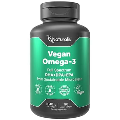Naturalis Double Strength Vegan Omega 3 DHA, EPA & DPA from Microalgae | Vegan Society Certified, Sustainably Sourced, True Full Spectrum | 90 Veggie Softgels (Carrageenan Free)