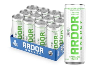 ARDOR Sparkling Water with 100mg Natural Caffeine & 200mg L-Theanine from Organic Green Tea for Smooth Energy & Focus | No Sugar, 0 Calories | Vegan, Gluten-Free | Mexican Lime - 12 Ct