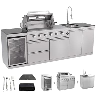 Outdoor Kitchen Island 98.4 Inch, 72000 BTU Propane Gas Grill Combination With Refrigerator and Sink, Outdoor Stainless Steel Barbecue Bar, Propane Grill for Patios, Gardens, Parties