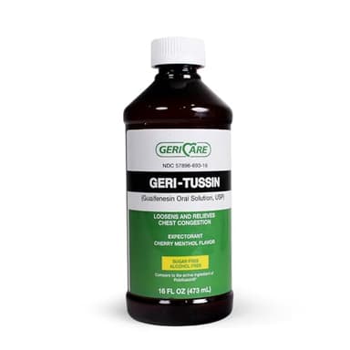 GeriCare Geri-Tussin Guaifenesin Oral Liquid Solution, Sugar-Free, Alcohol-Free Cough and Cold Relief Syrup, Helps Clear Chest Congestion, 16 Ounce Bottle (Pack of 1)