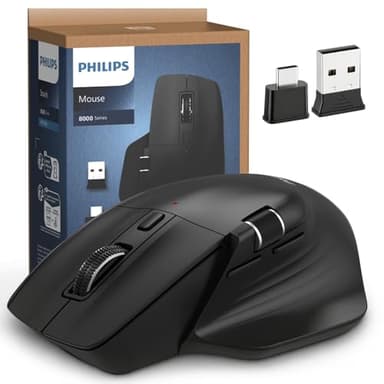 PHILIPS Ergonomic Wireless Mouse, Multi-Device Bluetooth (USB-A/C) for Laptop & Mac/PC, Silent Productivity Mouse with Side Scroll, 5-Level DPI Rechargeable Computer Mouse, Right-Handed Comfort