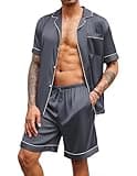 Ekouaer Mens Satin Pajamas Set Button-Down Short Sleeve Shirt Top Soft Silk Sleepwear Shorts with Pockets Grey