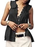 Womens Peter Pan Collar Sleeveless Shirt Summer Eyelet Cotton Button Down Tank Tops Casual Ruffle Flowy Blouse Vest Black