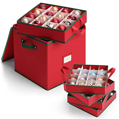 MaidMAX Christmas Ornament Storage Box Holiday Decoration Organizer, 64 Christmas Ball Accessories Holder with Adjustable Dividers, Zippered Closure, 4 Removable Trays, 600D Oxford, 12.9x12.9x13