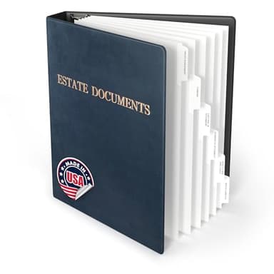 Estate Planning Binder with Pre-Labeled Tabs, 1.5-Inch Angle D Ring, Faux Leather, Sheet Protectors– Organizing Wills, Trusts, Powers of Attorney & Final Wishes (Navy with Bronze) + Linen Folder
