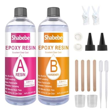 Shabebe Epoxy Resin, 32OZ Epoxy Resin Crystal Clear, Not-Yellowing No-Bubble, Self Leveling Easy Pour/Mix 1:1 Casting Kit & Coating for DIY Jewelry Making, Art Resina Clear Crafts, Molds, River Tables