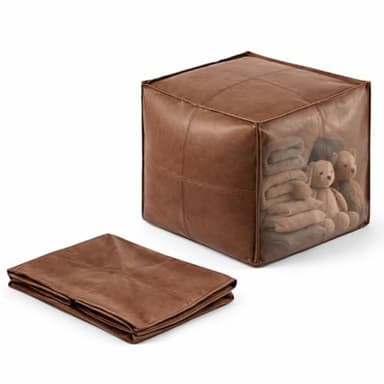 SOFTSOUL DIY Fillable Storage Ottoman – Stuff with Clothes, Blankets or Toys to Create Seat or Footstool, Space-Saving Faux Leather Square Pouf Organizer (Unfilled), 17.7”×17.7”×15.7”
