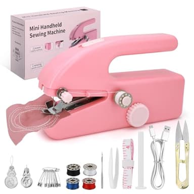 Xamanabu Handheld Sewing Machine for Beginners, Portable Mini Sewing Machine with Two Speed Modes, Easy to Operate and Fast Stitch Suitable for Clothes, Fabrics and Quick Home Repairs (Pink)