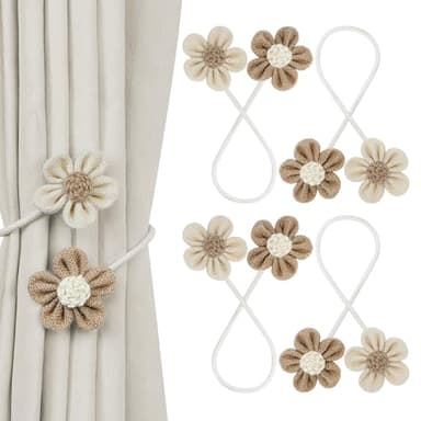 KLOGTSIND Flower Curtain Tiebacks, 4 Pack Boho Curtain Ties Elegant DIY Curtain Holdbacks, Decorative Window Drape Twist Tie Backs for Bedroom Decor, Nursery Decor, Farmhouse Decor