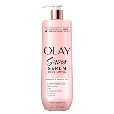 Olay Super Serum Hand & Body Lotion for Dry Skin, 24hr Long Lasting Hydration, 5+ Ingredient Complex for Bright Even Firm Luminous Skin, Sweet Vanilla & Soft Wood Scent, 18.5 fl oz