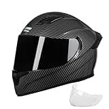 Crown Racing Full Face Motorcycle Helmets Carbon Fiber Pattern Motorbike Street Bike Helmet for Adults DOT Approved, 2 Visors