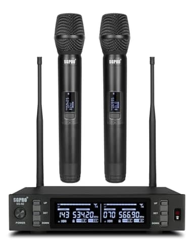 SGPRO Dual Wireless Microphone System - Metal Handheld Mics & Receiver, Adjustable UHF Channels 520-590 MHz Range, Antenna Diversity, Ideal for Professional Audio and Events