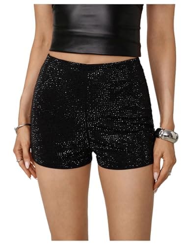 SHENHE Women's Sparkly Rhinestone Sexy High Waist Glitter Party Rave Mini Micro Shorts Black A Small
