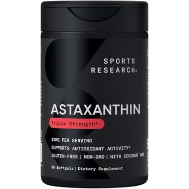 Sports Research Triple Strength Astaxanthin 12mg - Antioxidant Supplement for Skin & Eye Health Support - Soy Free, Non-GMO, Gluten Free - 60 Softgels