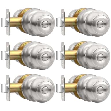 AEEKEL Privacy Door Knob, Brushed Nickel Door Knobs Interior Keyless Locks Set(6 Pack), Bedroom Bathroom Door Knob with Lock, Reversible for Left/Right Door Handle