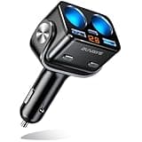 5 in 1 USB C Car Charger Adapter with Voltage Monitor, BUVAYE Fast Charge Cigarette Lighter Splitter 2-Socket, Dual Car Cigarette Lighter Adapter, 12V/24V Splitter for Car GPS Dash Cam Phone (Y34TC)