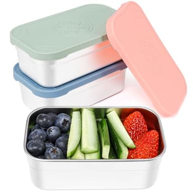 Caperci 3-Pack Large Stainless Steel Snack Containers with Silicone Lids - 15oz Reusable Small Food Storage Deli Containers for Snacks & Meal Prep, Leak-Proof, Easy Open & BPA-Free (440ML)